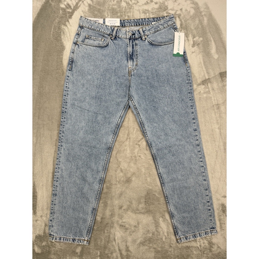 H&M Jeans Mens 33x32 Tapered Cropped Light Wash Blue Denim Pants Wide Leg NWT HM